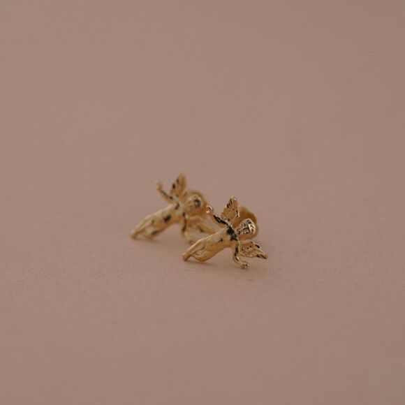 14k Yellow solid Gold Angel Stud Earrings (11 mm X 8 mm) | Gift for Mother | - Picture 8 of 10